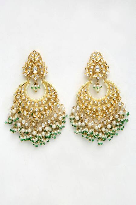 Ruby Raang_Gold Plated Crystals, Pearls Kundan Stone Embellished Chandbalis _Online_at_Aza_Fashions