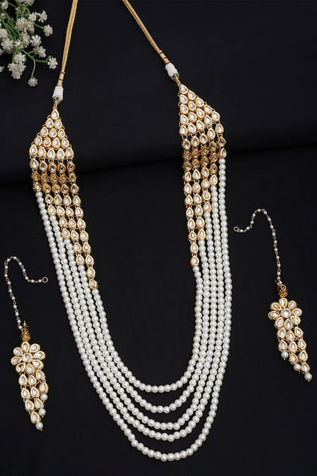 Shop_Ruby Raang_Gold Plated Pearls, Diamonds, Stones Kundan Necklace Set _at_Aza_Fashions