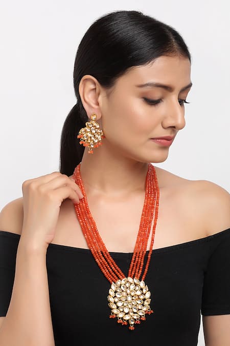 Ruby Raang Kundan Embellished Pendant Necklace Set 