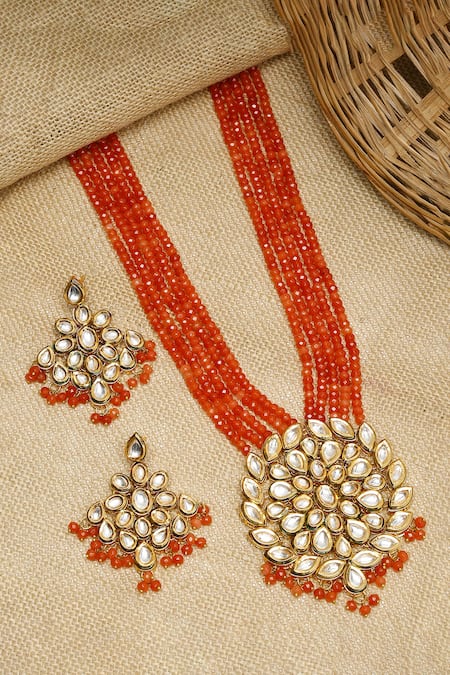 Shop_Ruby Raang_Orange Beads Kundan Embellished Pendant Necklace Set _at_Aza_Fashions