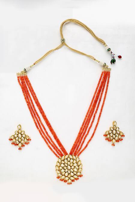 Ruby Raang Orange Beads Kundan Embellished Pendant Necklace Set Online at Aza Fashions Ruby Raang_Orange Beads Kundan Embellished Pendant Necklace Set _Online_at_Aza_Fashions