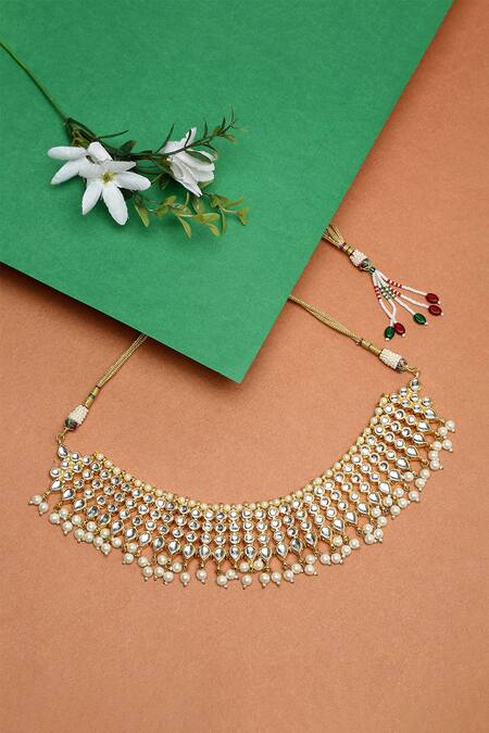 Buy_Ruby Raang_Gold Plated Kundan Pearl Drop Choker_Online_at_Aza_Fashions
