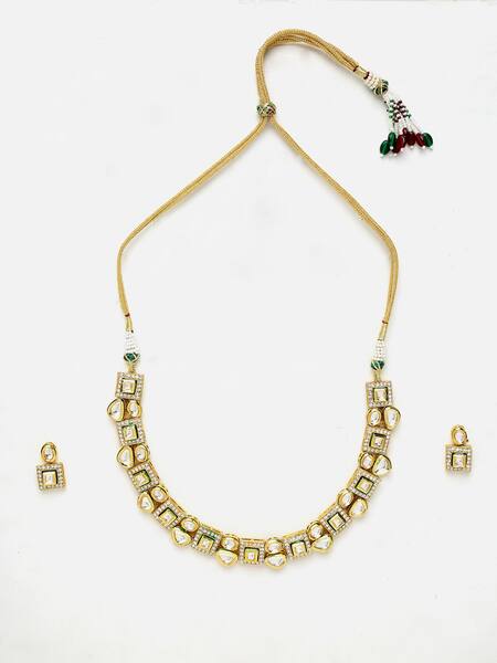 Ruby Raang_Gold Plated Imitation Diamonds Geometric Carved Choker Set _Online_at_Aza_Fashions