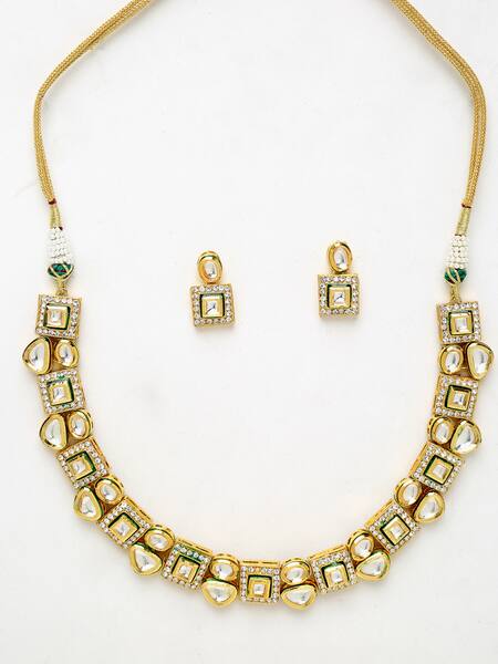 Buy_Ruby Raang_Gold Plated Imitation Diamonds Geometric Carved Choker Set _Online_at_Aza_Fashions