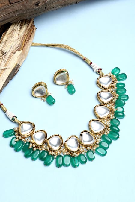 Shop Ruby Raang Green Beads, Diamonds Kundan Embellished Choker Set at Aza Fashions Shop_Ruby Raang_Green Beads, Diamonds Kundan Embellished Choker Set _at_Aza_Fashions