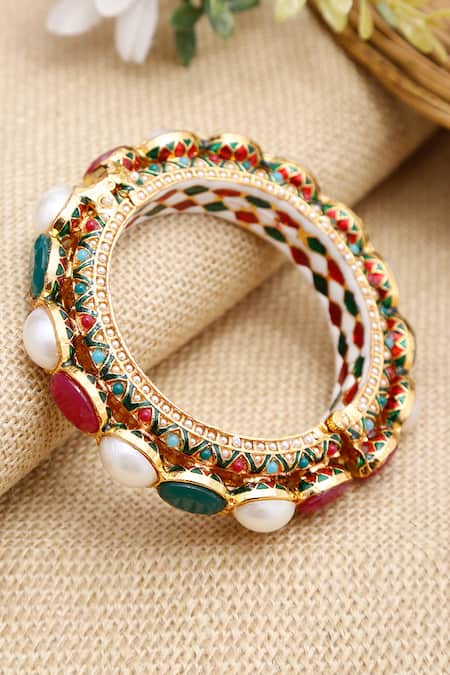 Shop_Ruby Raang_Gold Plated Stones, Beads Studded Bangle _at_Aza_Fashions