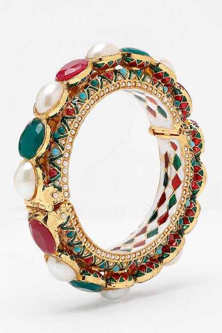 Shop Ruby Raang Gold Plated Stones, Beads Studded Bangle Online at Aza Fashions Shop_Ruby Raang_Gold Plated Stones, Beads Studded Bangle _Online_at_Aza_Fashions