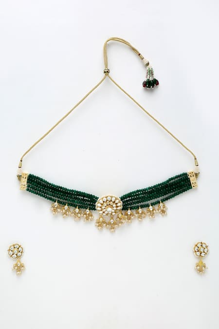 Buy_Ruby Raang_Green Diamonds, Pearls Kundan And Beads Embellished Necklace Set_Online_at_Aza_Fashions