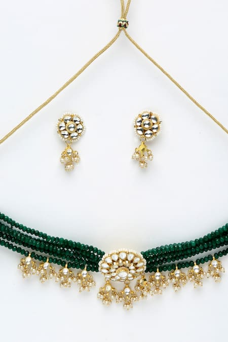 Shop_Ruby Raang_Green Diamonds, Pearls Kundan And Beads Embellished Necklace Set_Online_at_Aza_Fashions
