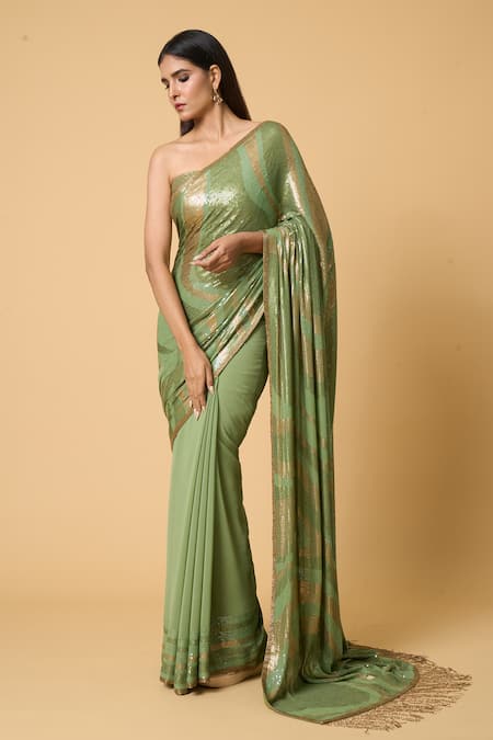 Nakul Sen Wavy Sequin Saree With Unstitched Blouse Piece 