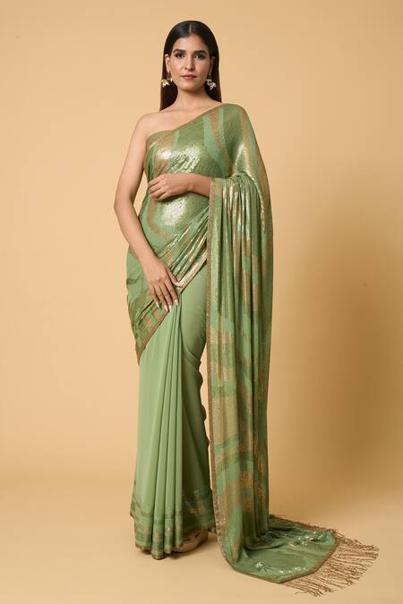 Shop_Nakul Sen_Green Silk, Chiffon Sequins Wavy Saree With Unstitched Blouse Piece 