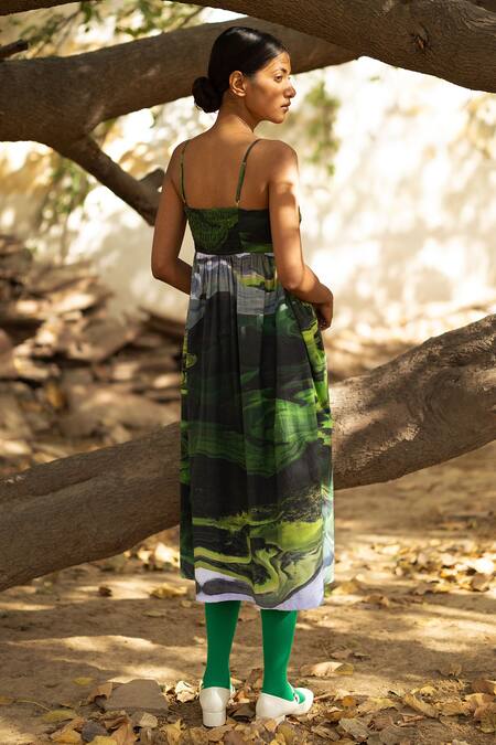 Shop_Doodlage_Green Upcycled Cotton Printed Scenic Straight Strap Dress _at_Aza_Fashions