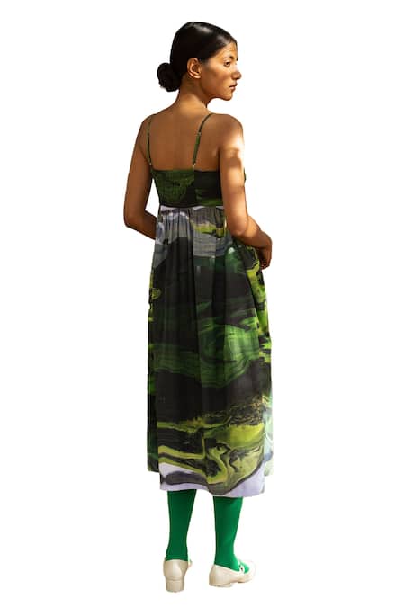 Doodlage_Green Upcycled Cotton Printed Scenic Straight Strap Dress _Online_at_Aza_Fashions
