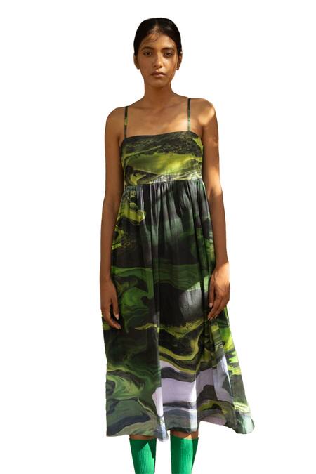 Buy_Doodlage_Green Upcycled Cotton Printed Scenic Straight Strap Dress _Online_at_Aza_Fashions