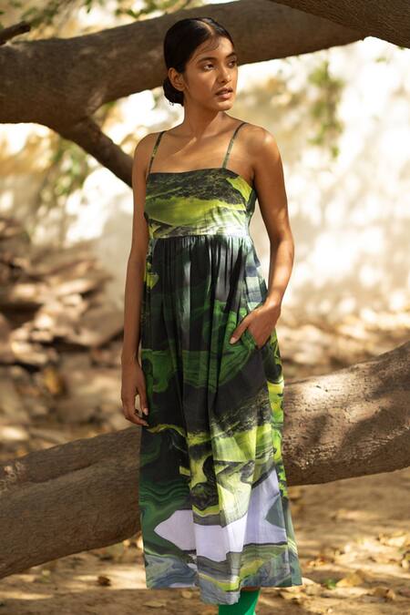 Doodlage_Green Upcycled Cotton Printed Scenic Straight Strap Dress _at_Aza_Fashions