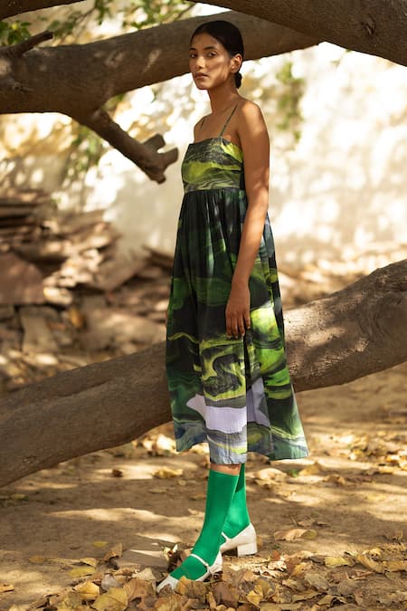 Buy_Doodlage_Green Upcycled Cotton Printed Scenic Straight Strap Dress 