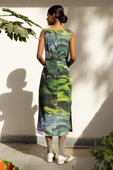Shop_Doodlage_Green Upcycled Cotton Printed Scenic Round Side Slit Dress _at_Aza_Fashions