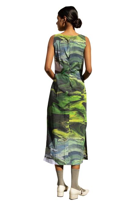 Doodlage_Green Upcycled Cotton Printed Scenic Round Side Slit Dress _Online_at_Aza_Fashions
