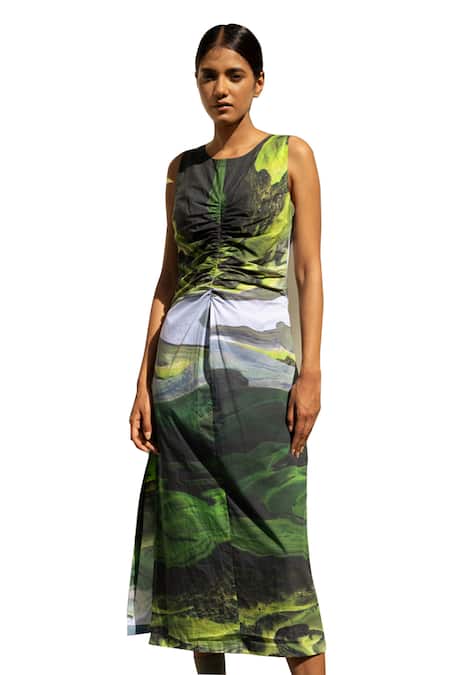 Buy_Doodlage_Green Upcycled Cotton Printed Scenic Round Side Slit Dress _Online_at_Aza_Fashions