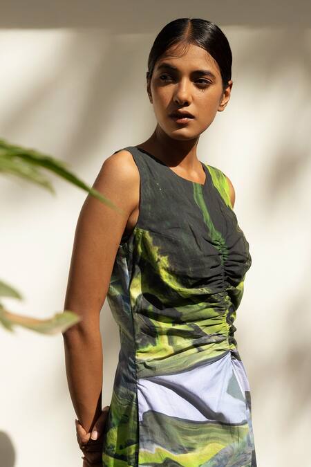 Shop_Doodlage_Green Upcycled Cotton Printed Scenic Round Side Slit Dress _Online_at_Aza_Fashions