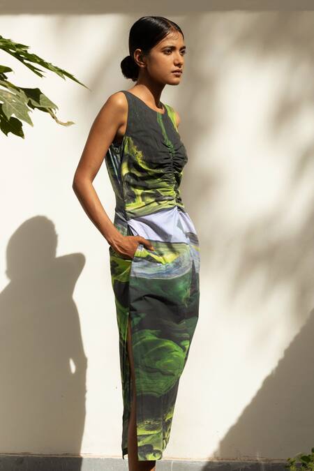 Doodlage_Green Upcycled Cotton Printed Scenic Round Side Slit Dress _at_Aza_Fashions