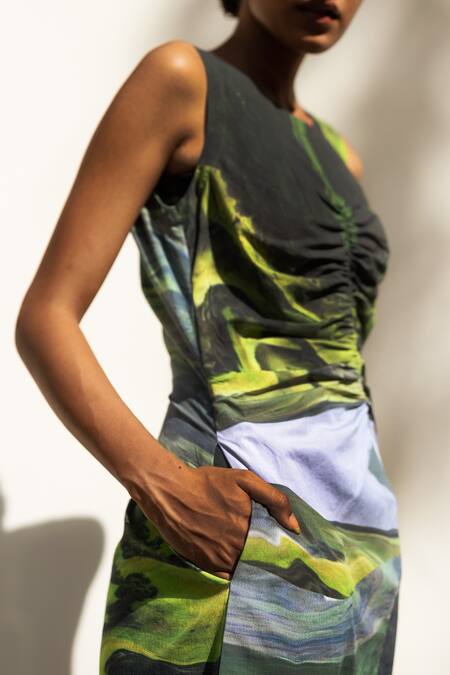 Buy_Doodlage_Green Upcycled Cotton Printed Scenic Round Side Slit Dress 