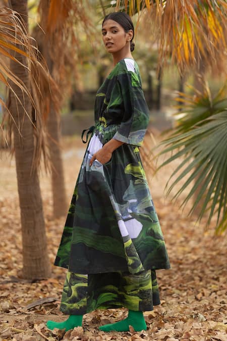 Shop_Doodlage_Green Upcycled Cotton Printed Scenic V Neck Midi Dress _at_Aza_Fashions