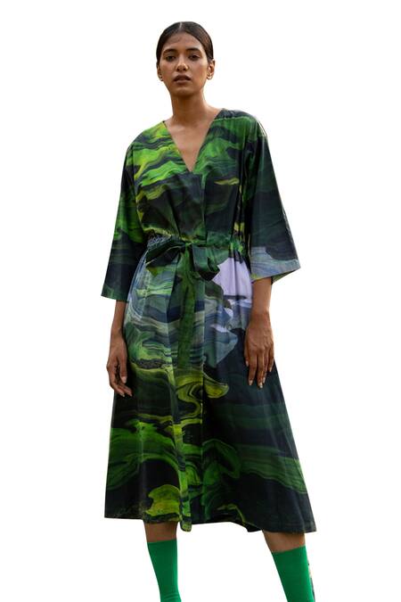 Doodlage_Green Upcycled Cotton Printed Scenic V Neck Midi Dress _Online_at_Aza_Fashions