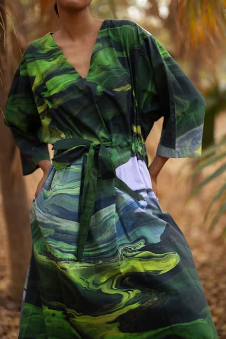 Buy_Doodlage_Green Upcycled Cotton Printed Scenic V Neck Midi Dress _Online_at_Aza_Fashions