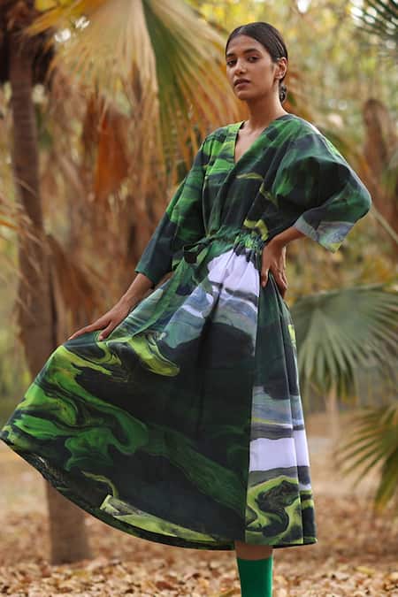 Shop_Doodlage_Green Upcycled Cotton Printed Scenic V Neck Midi Dress _Online_at_Aza_Fashions
