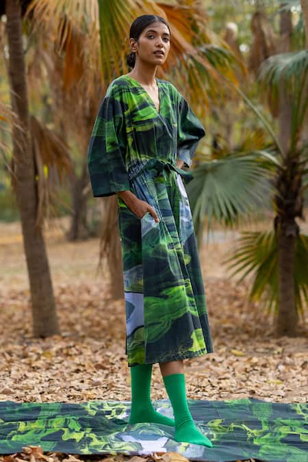 Doodlage_Green Upcycled Cotton Printed Scenic V Neck Midi Dress _at_Aza_Fashions