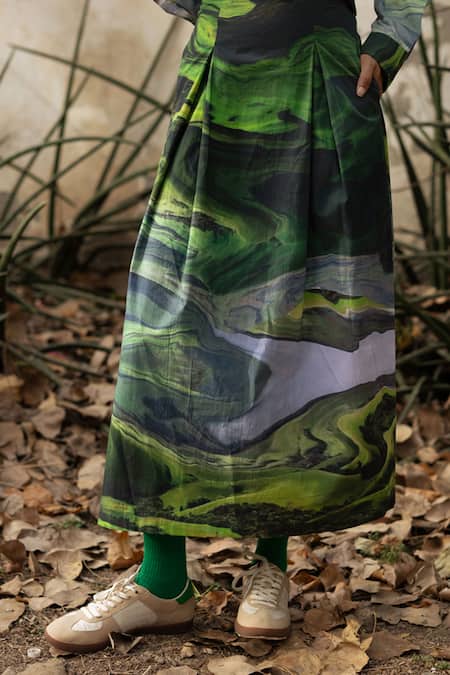 Shop_Doodlage_Green Upcycled Cotton Printed Scenic Pleated Skirt_Online_at_Aza_Fashions