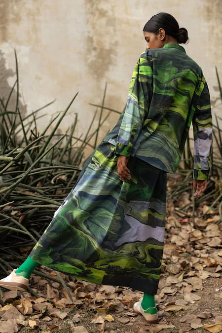 Shop Doodlage Green Upcycled Cotton Printed Scenic Collared Shirt With Pleated Skirt at Aza Fashions Shop_Doodlage_Green Upcycled Cotton Printed Scenic Collared Shirt With Pleated Skirt _at_Aza_Fashions