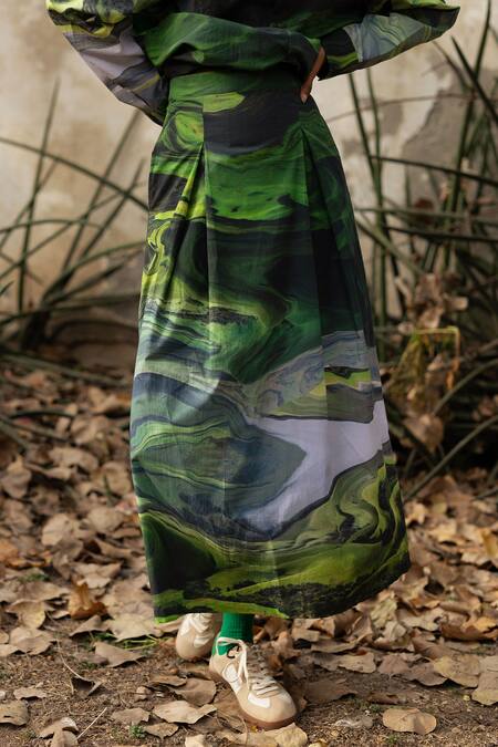 Doodlage Green Upcycled Cotton Printed Scenic Collared Shirt With Pleated Skirt Online at Aza Fashions Doodlage_Green Upcycled Cotton Printed Scenic Collared Shirt With Pleated Skirt _Online_at_Aza_Fashions