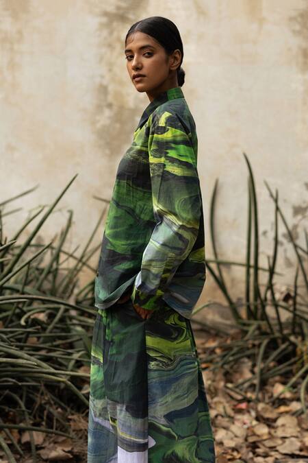 Buy Doodlage Green Upcycled Cotton Printed Scenic Collared Shirt With Pleated Skirt Online at Aza Fashions Buy_Doodlage_Green Upcycled Cotton Printed Scenic Collared Shirt With Pleated Skirt _Online_at_Aza_Fashions
