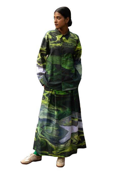 Doodlage Green Upcycled Cotton Printed Scenic Collared Shirt With Pleated Skirt at Aza Fashions Doodlage_Green Upcycled Cotton Printed Scenic Collared Shirt With Pleated Skirt _at_Aza_Fashions