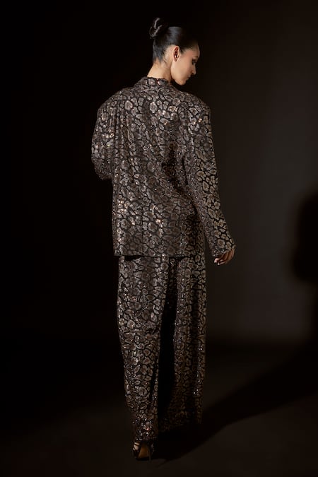 Shop_Itrh_Black Crepe Embroidery, Boxy Chic Embellished Leopard Pattern Jacket With Pant _at_Aza_Fashions