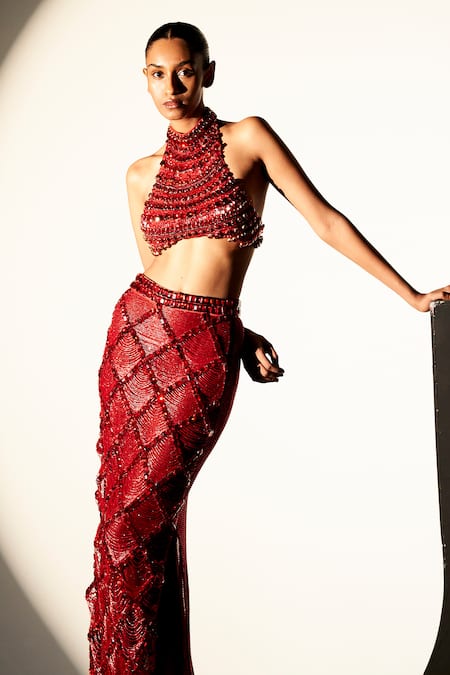 Itrh_Red Net, Taffeta Beads, Sequins, Crystals Nile Embellished Crop Top With Skirt _Online_at_Aza_Fashions