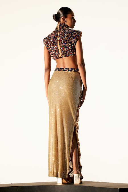 Shop Itrh Multi Color Net, Taffeta Sphinx Chic Jewel Embellished Crop Top With Slit Skirt at Aza Fashions Shop_Itrh_Multi Color Net, Taffeta Sphinx Chic Jewel Embellished Crop Top With Slit Skirt _at_Aza_Fashions