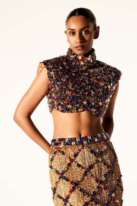 Itrh Multi Color Net, Taffeta Sphinx Chic Jewel Embellished Crop Top With Slit Skirt Online at Aza Fashions Itrh_Multi Color Net, Taffeta Sphinx Chic Jewel Embellished Crop Top With Slit Skirt _Online_at_Aza_Fashions