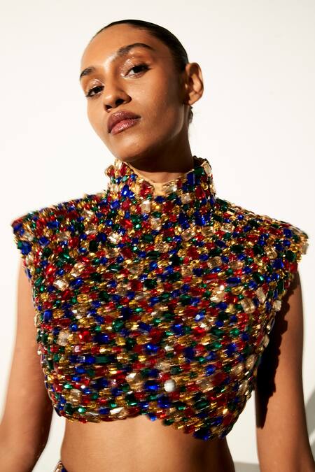 Buy Itrh Multi Color Net, Taffeta Sphinx Chic Jewel Embellished Crop Top With Slit Skirt Online at Aza Fashions Buy_Itrh_Multi Color Net, Taffeta Sphinx Chic Jewel Embellished Crop Top With Slit Skirt _Online_at_Aza_Fashions