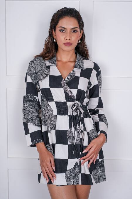 Buy_Nassh_Black Linen Embroidery Collared Checkered Pattern Wrap Dress_Online_at_Aza_Fashions