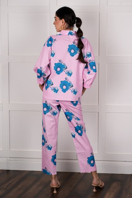 Shop Nassh Pink Cotton Beads, Embroidery Collared Floral Pattern Embellished Top With Pant at Aza Fashions Shop_Nassh_Pink Cotton Beads, Embroidery Collared Floral Pattern Embellished Top With Pant_at_Aza_Fashions