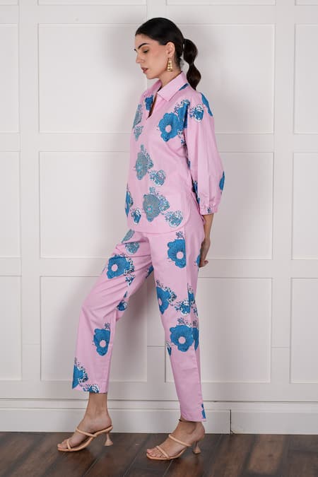 Nassh Pink Cotton Beads, Embroidery Collared Floral Pattern Embellished Top With Pant Online at Aza Fashions Nassh_Pink Cotton Beads, Embroidery Collared Floral Pattern Embellished Top With Pant_Online_at_Aza_Fashions