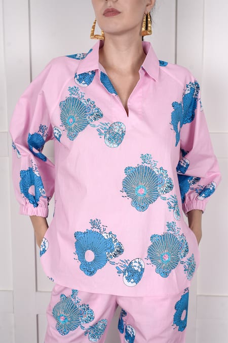 Buy Nassh Pink Cotton Beads, Embroidery Collared Floral Pattern Embellished Top With Pant Online at Aza Fashions Buy_Nassh_Pink Cotton Beads, Embroidery Collared Floral Pattern Embellished Top With Pant_Online_at_Aza_Fashions