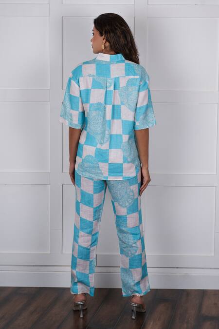 Shop_Nassh_Blue Linen Embroidery Collared Checkered Print Shirt With Pant_at_Aza_Fashions