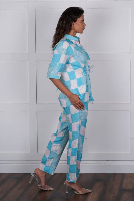 Nassh_Blue Linen Embroidery Collared Checkered Print Shirt With Pant_Online_at_Aza_Fashions