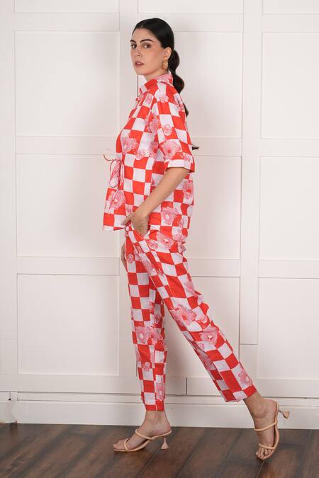 Nassh Red Linen Embroidery Collared Checkered Floral Print Shirt With Pant Online at Aza Fashions Nassh_Red Linen Embroidery Collared Checkered Floral Print Shirt With Pant_Online_at_Aza_Fashions