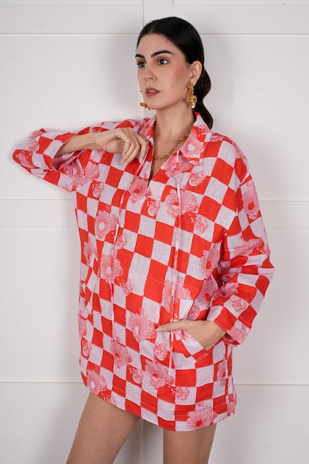 Shop_Nassh_Red Linen Embroidery Collared Checkered Pattern Dress_Online_at_Aza_Fashions