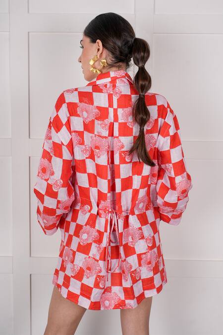 Nassh_Red Linen Embroidery Collared Checkered Pattern Dress_at_Aza_Fashions